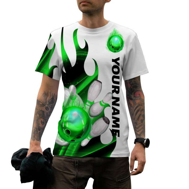 Custom White Bright Green Black 3D Pattern Design Flame Bowling Performance T-Shirt