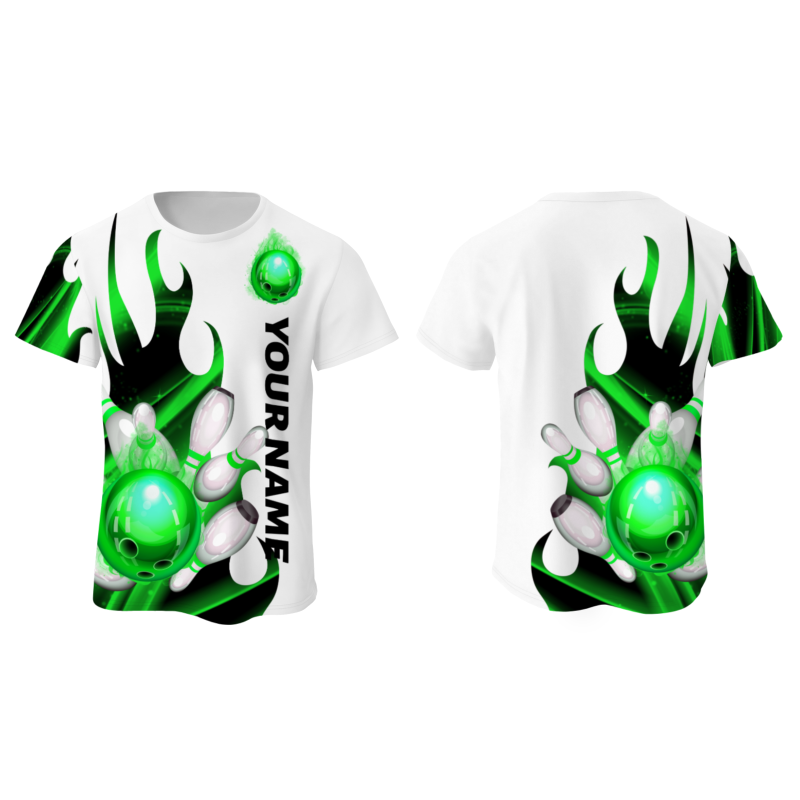 Custom White Bright Green Black 3D Pattern Design Flame Bowling Performance T-Shirt