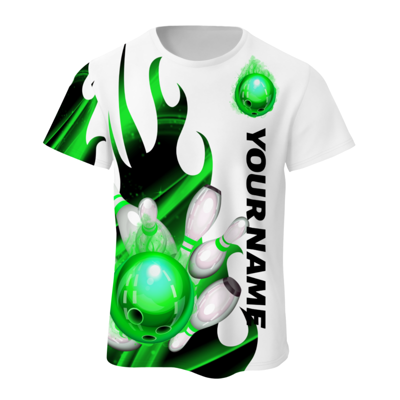 Custom White Bright Green Black 3D Pattern Design Flame Bowling Performance T-Shirt