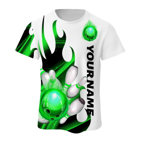 Custom White Bright Green Black 3D Pattern Design Flame Bowling Performance T-Shirt