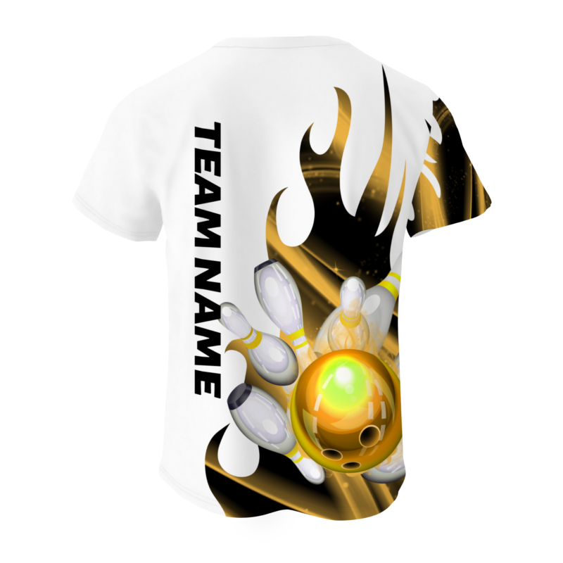 Custom White Gold Black 3D Pattern Design Flame Bowling Performance T-Shirt