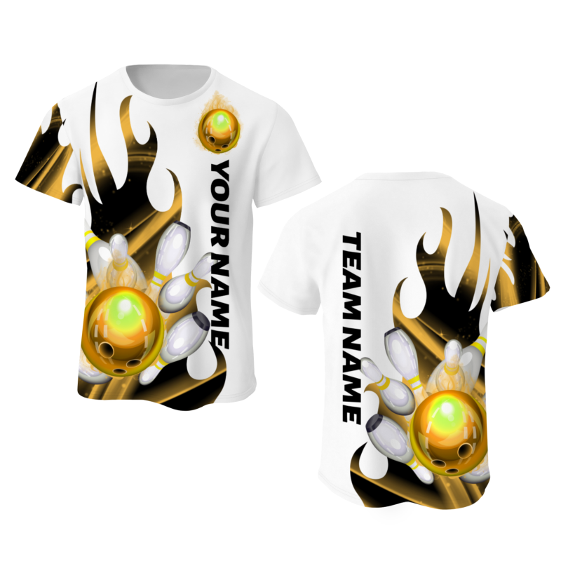 Custom White Gold Black 3D Pattern Design Flame Bowling Performance T-Shirt