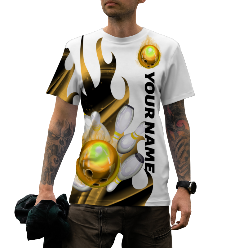 Custom White Gold Black 3D Pattern Design Flame Bowling Performance T-Shirt