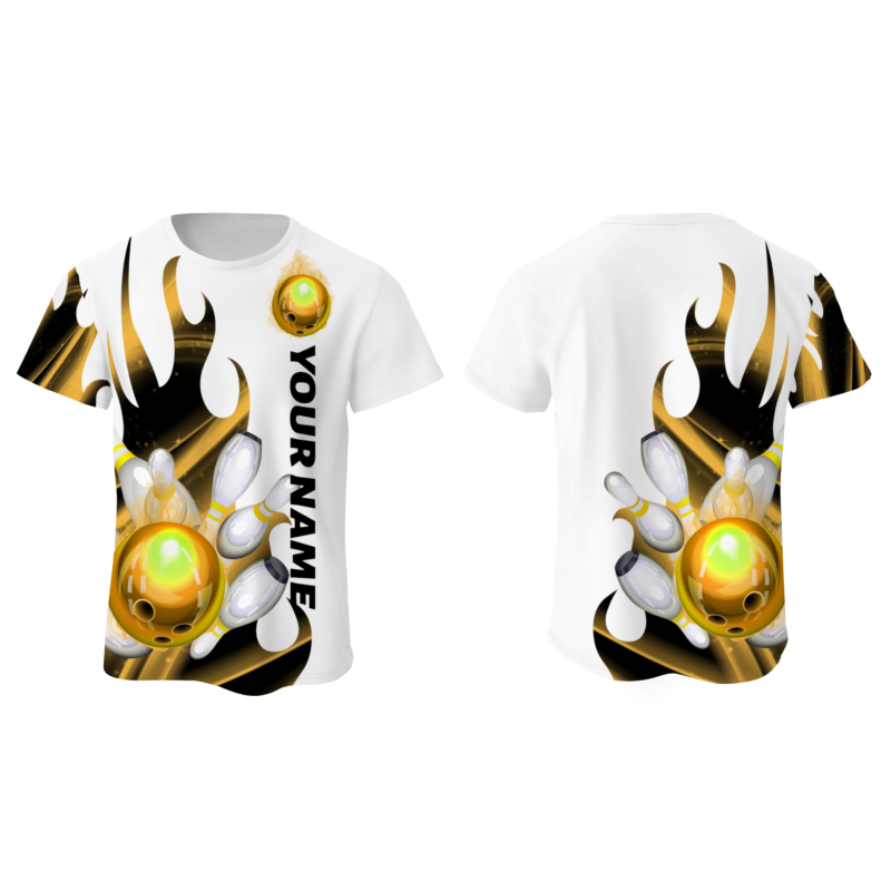 Custom White Gold Black 3D Pattern Design Flame Bowling Performance T-Shirt