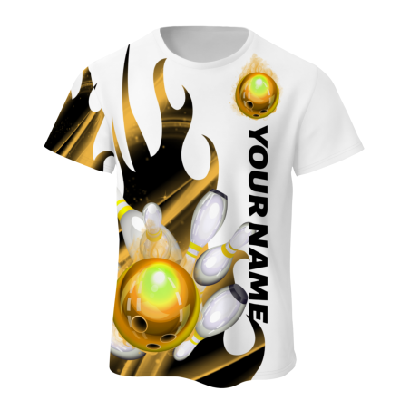 Custom White Gold Black 3D Pattern Design Flame Bowling Performance T-Shirt