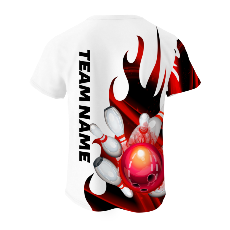 Custom White Red Black 3D Pattern Design Flame Bowling Performance T-Shirt