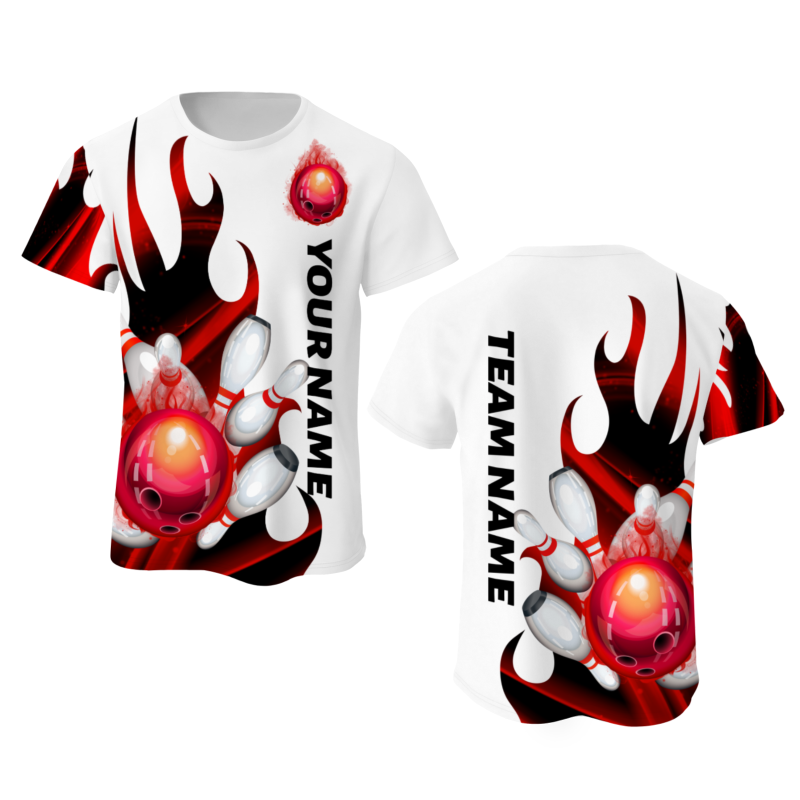 Custom White Red Black 3D Pattern Design Flame Bowling Performance T-Shirt