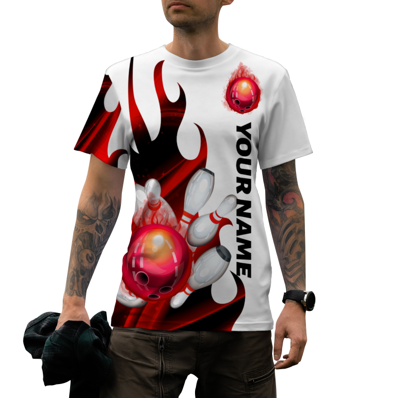 Custom White Red Black 3D Pattern Design Flame Bowling Performance T-Shirt