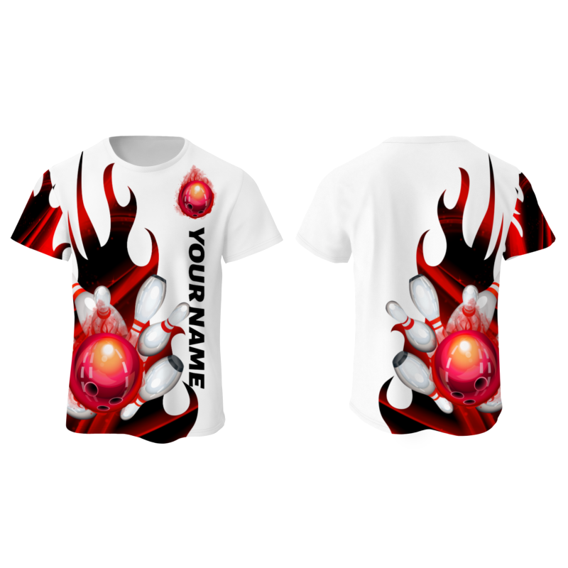 Custom White Red Black 3D Pattern Design Flame Bowling Performance T-Shirt