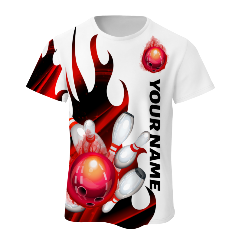 Custom White Red Black 3D Pattern Design Flame Bowling Performance T-Shirt