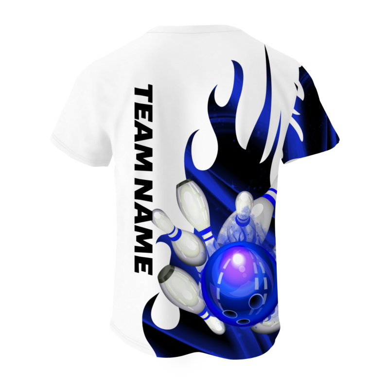 Custom White Bluish Violet Black 3D Pattern Design Flame Bowling Performance T-Shirt