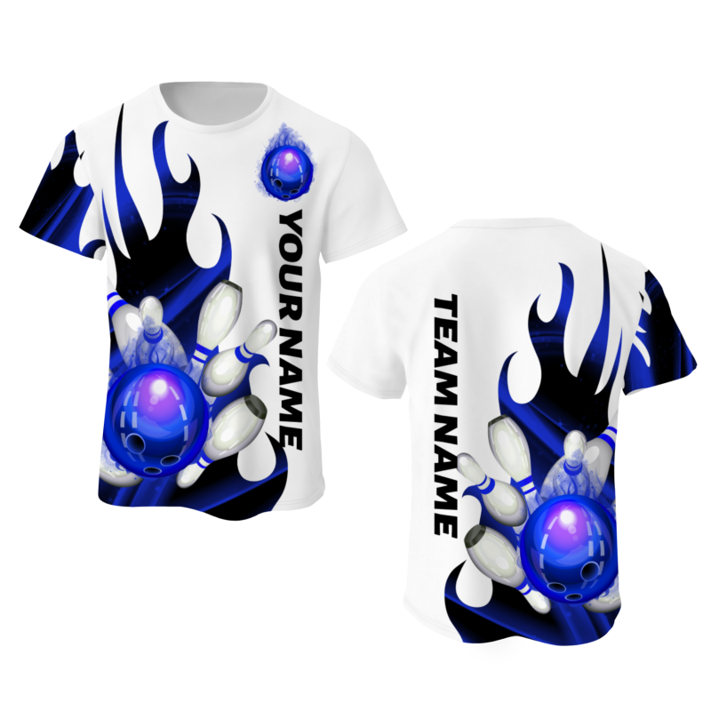 Custom White Bluish Violet Black 3D Pattern Design Flame Bowling Performance T-Shirt