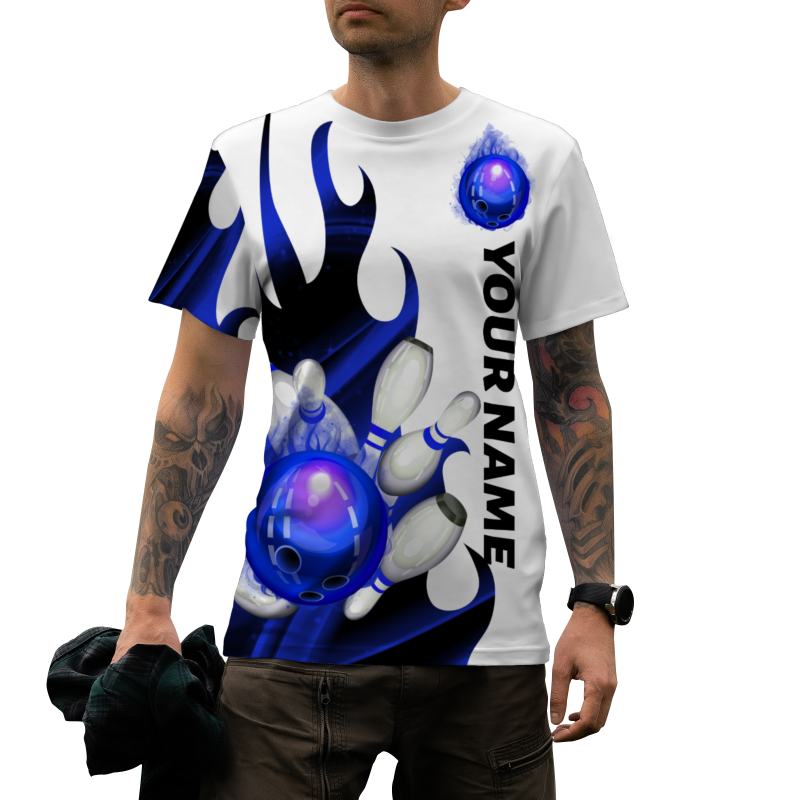 Custom White Bluish Violet Black 3D Pattern Design Flame Bowling Performance T-Shirt