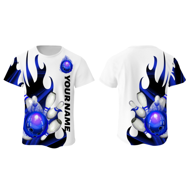 Custom White Bluish Violet Black 3D Pattern Design Flame Bowling Performance T-Shirt