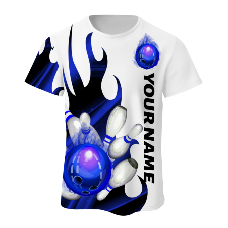 Custom White Bluish Violet Black 3D Pattern Design Flame Bowling Performance T-Shirt