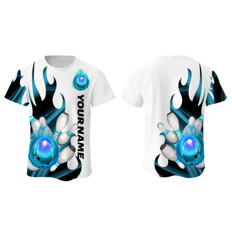 Custom White Blue Black 3D Pattern Design Flame Bowling Performance T-Shirt