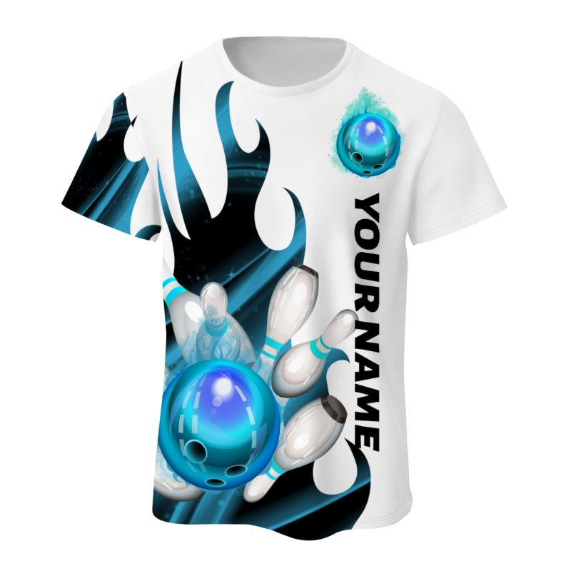 Custom White Blue Black 3D Pattern Design Flame Bowling Performance T-Shirt