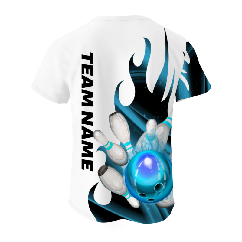 Custom White Blue Black 3D Pattern Design Flame Bowling Performance T-Shirt