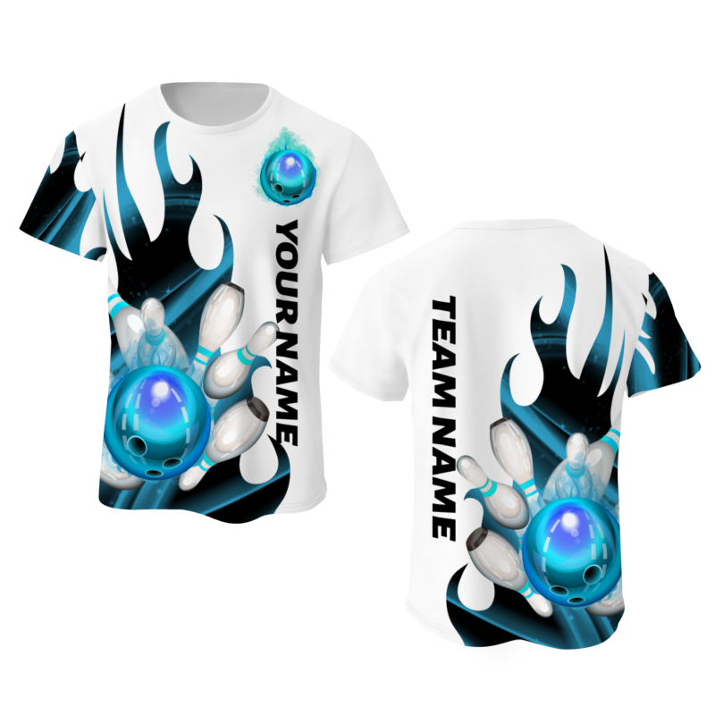 Custom White Blue Black 3D Pattern Design Flame Bowling Performance T-Shirt