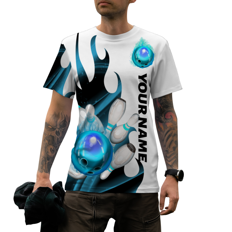 Custom White Blue Black 3D Pattern Design Flame Bowling Performance T-Shirt