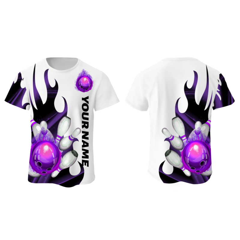 Custom White Purple Black 3D Pattern Design Flame Bowling Performance T-Shirt