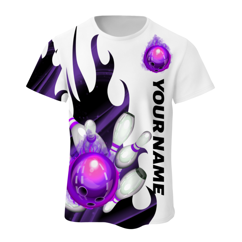 Custom White Purple Black 3D Pattern Design Flame Bowling Performance T-Shirt