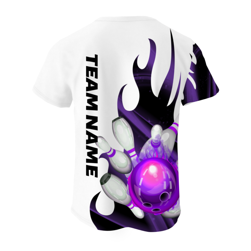 Custom White Purple Black 3D Pattern Design Flame Bowling Performance T-Shirt