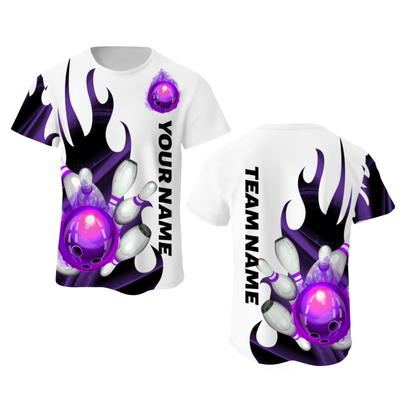 Custom White Purple Black 3D Pattern Design Flame Bowling Performance T-Shirt