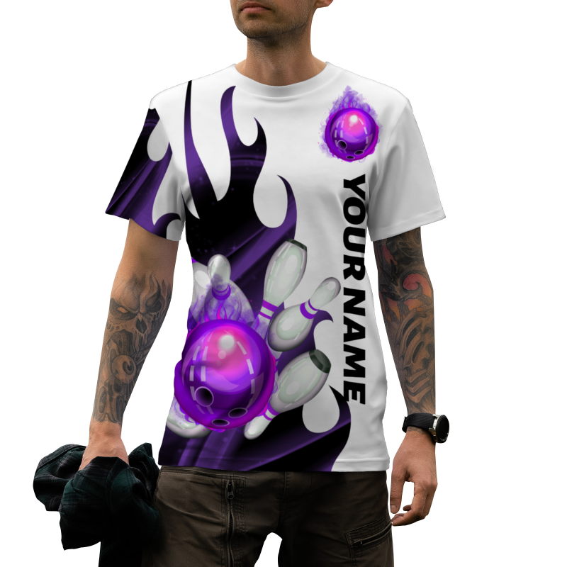 Custom White Purple Black 3D Pattern Design Flame Bowling Performance T-Shirt