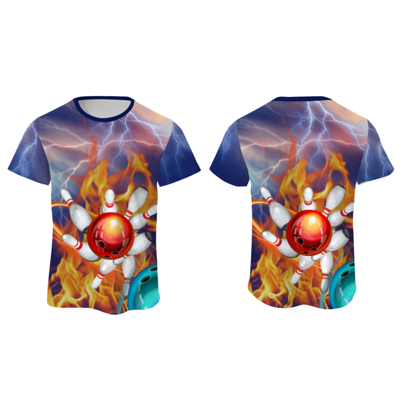 Custom Bluish Violet Red White 3D Pattern Design Flame Bowling Performance T-Shirt