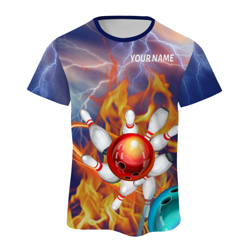 Custom Bluish Violet Red White 3D Pattern Design Flame Bowling Performance T-Shirt