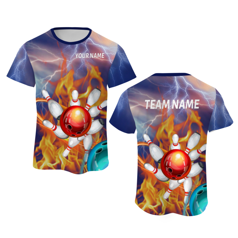 Custom Bluish Violet Red White 3D Pattern Design Flame Bowling Performance T-Shirt