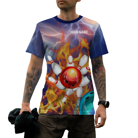 Custom Bluish Violet Red White 3D Pattern Design Flame Bowling Performance T-Shirt