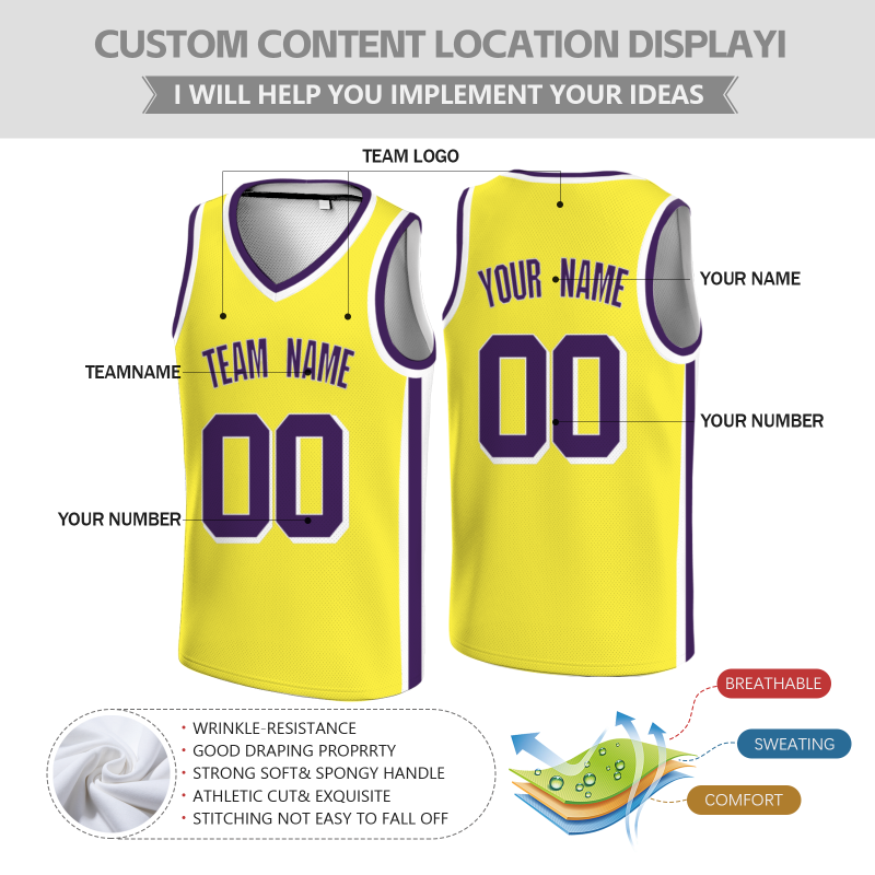 Custom Yellow Dark Purple-White Double Side Tops Basketball Jersey