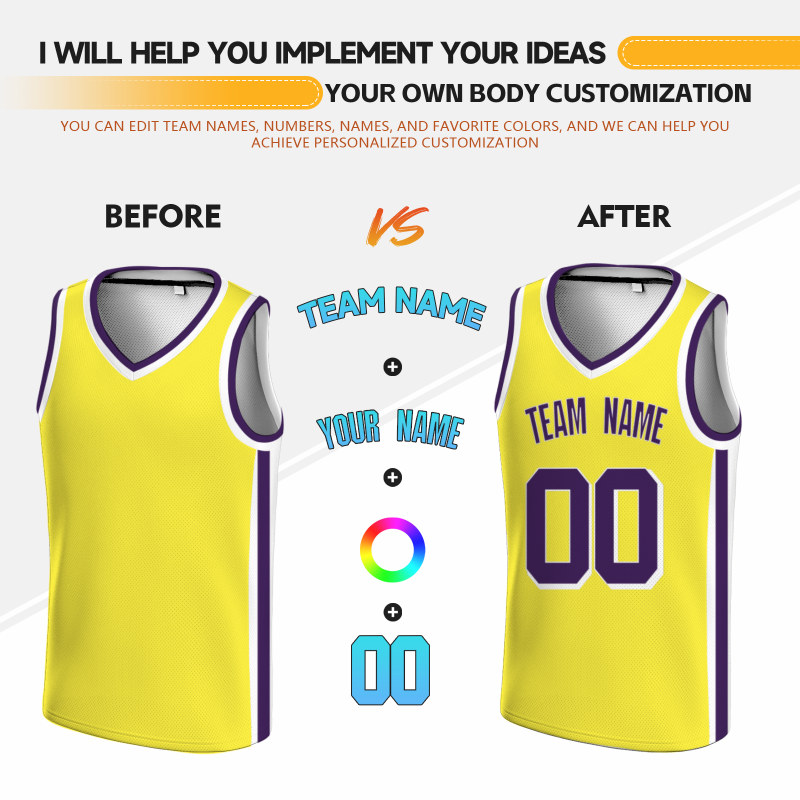 Custom Yellow Dark Purple-White Double Side Tops Basketball Jersey