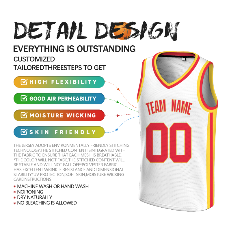 Custom White  Red-Yellow Double Side Tops Basketball Jersey