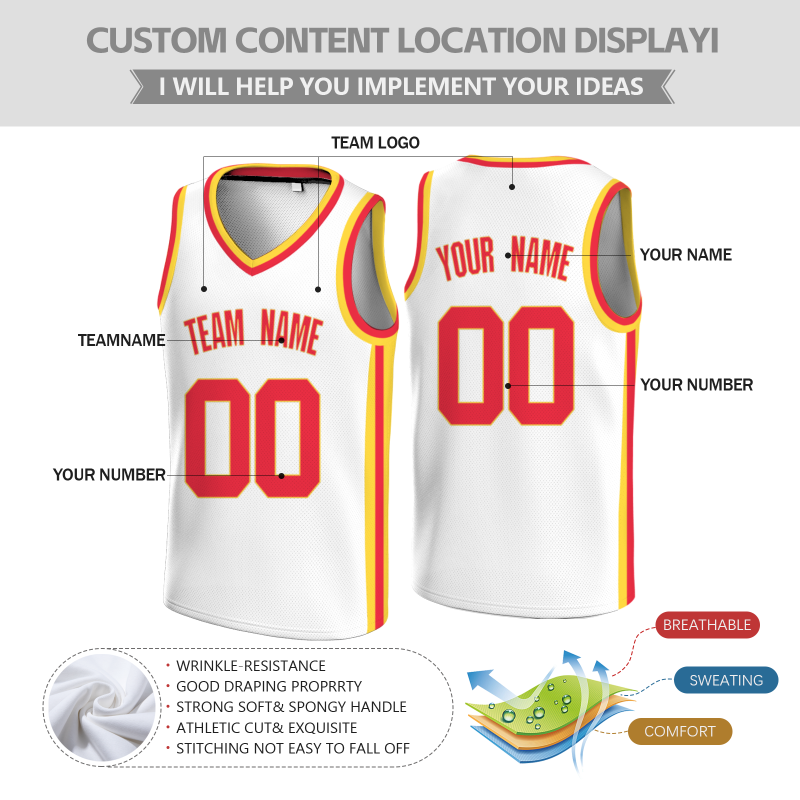 Custom White  Red-Yellow Double Side Tops Basketball Jersey