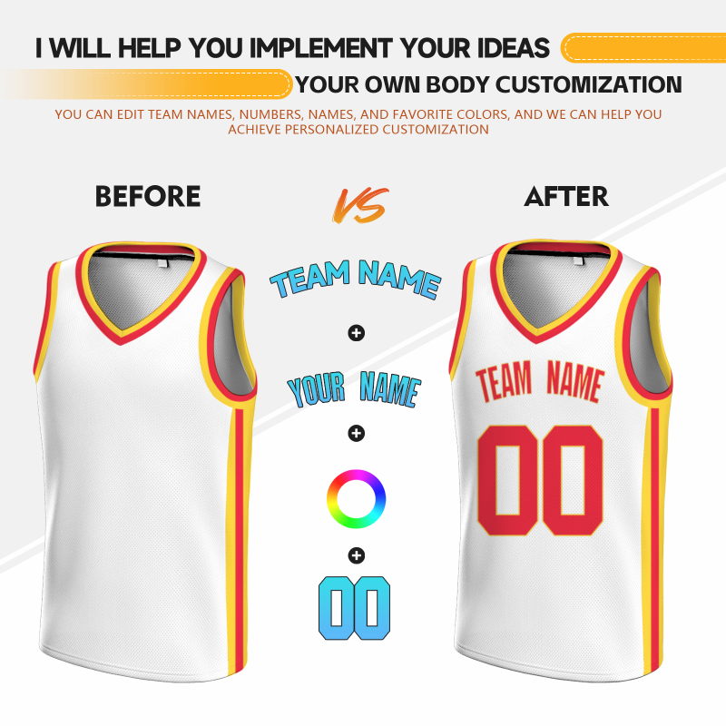 Custom White  Red-Yellow Double Side Tops Basketball Jersey