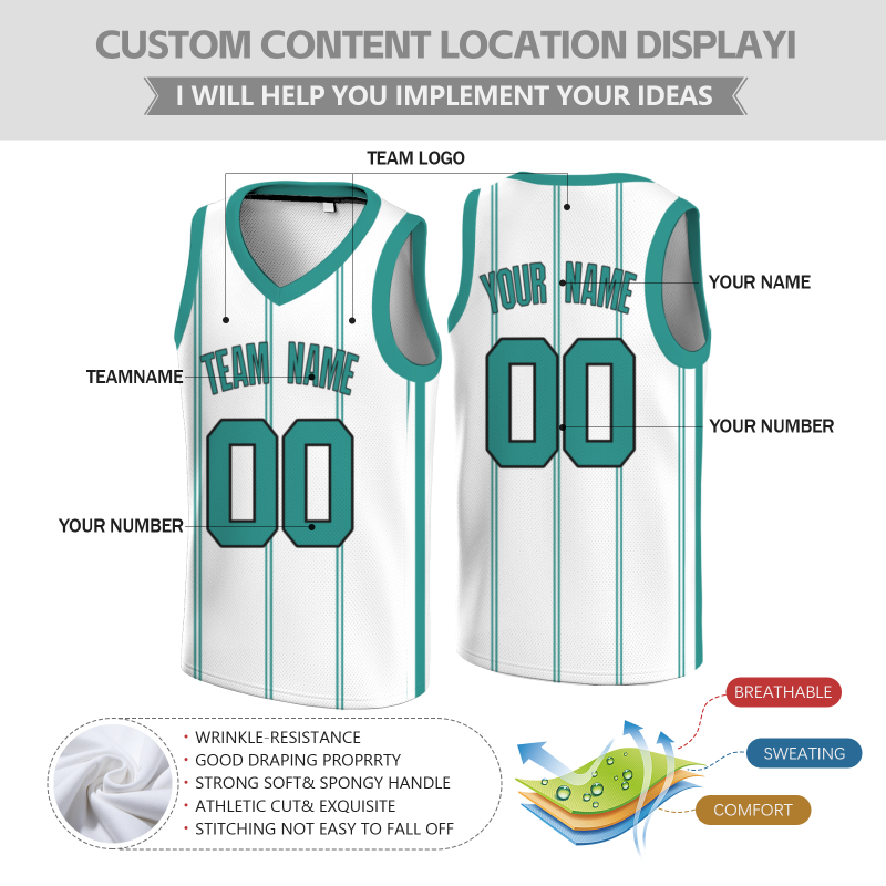 Custom White Teal-Black Stripe Authentic Basketball Jersey