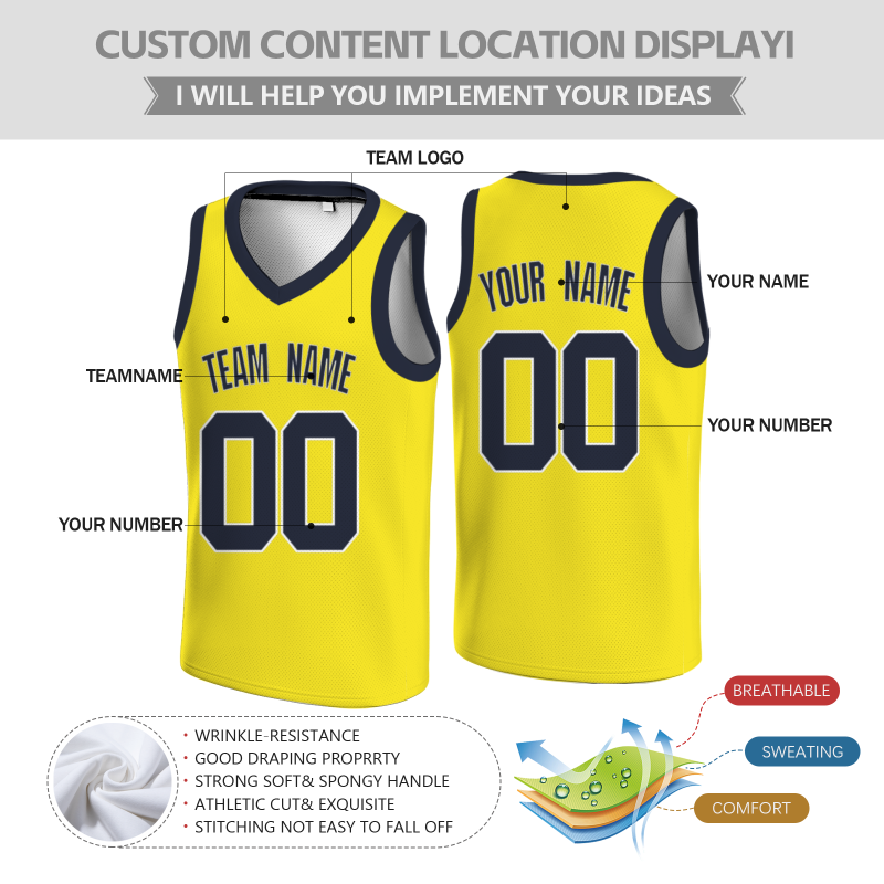 Custom Yellow Black White  V-Neck Basketball Jersey