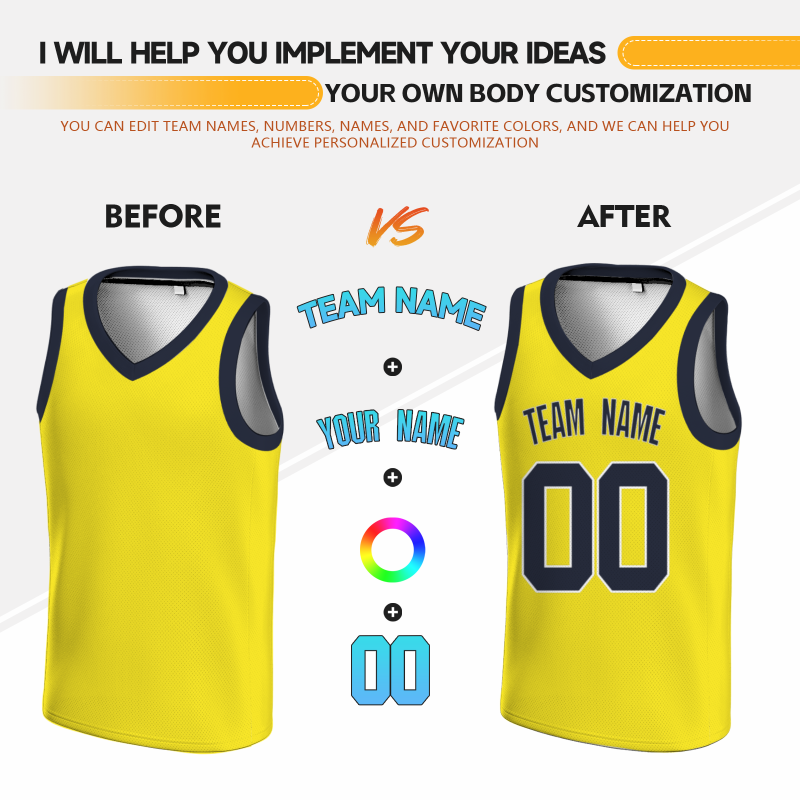 Custom Yellow Black White  V-Neck Basketball Jersey