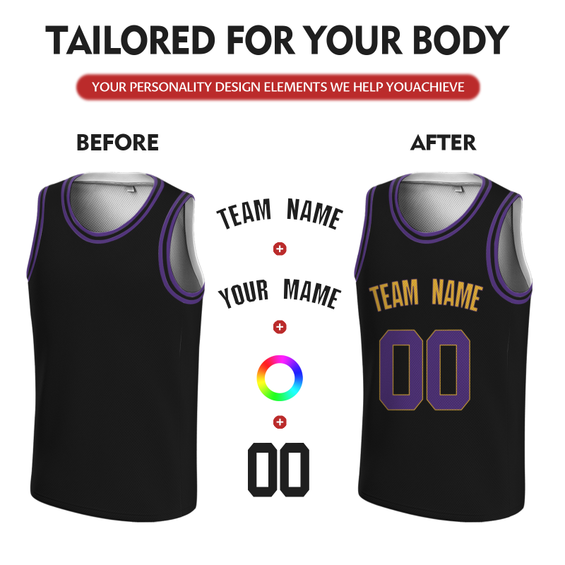 Custom Black Purple-Orange Round Neck Basketball Jersey