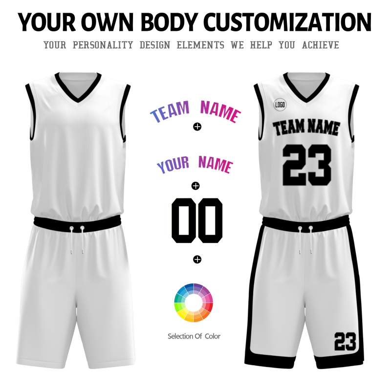 Custom White Black V-Neck Authentic Team Basketball Set