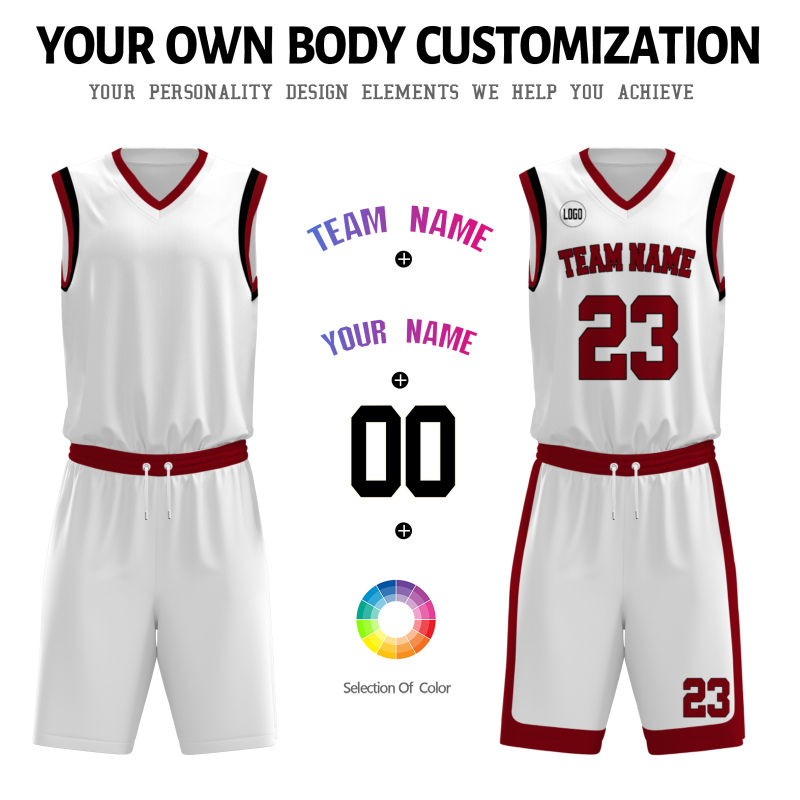 Custom White Red-Black V-Neck Authentic Team Basketball Set