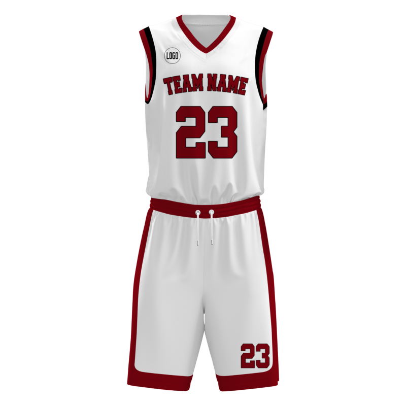 Custom White Red-Black V-Neck Authentic Team Basketball Set