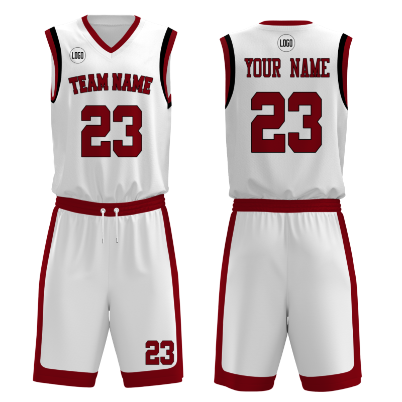 Custom White Red-Black V-Neck Authentic Team Basketball Set