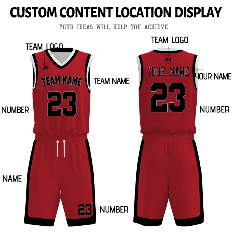 Custom Red Black-White V-Neck Authentic Team Basketball Set