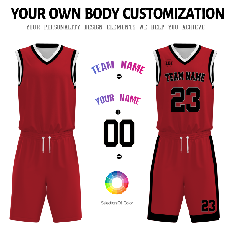 Custom Red Black-White V-Neck Authentic Team Basketball Set