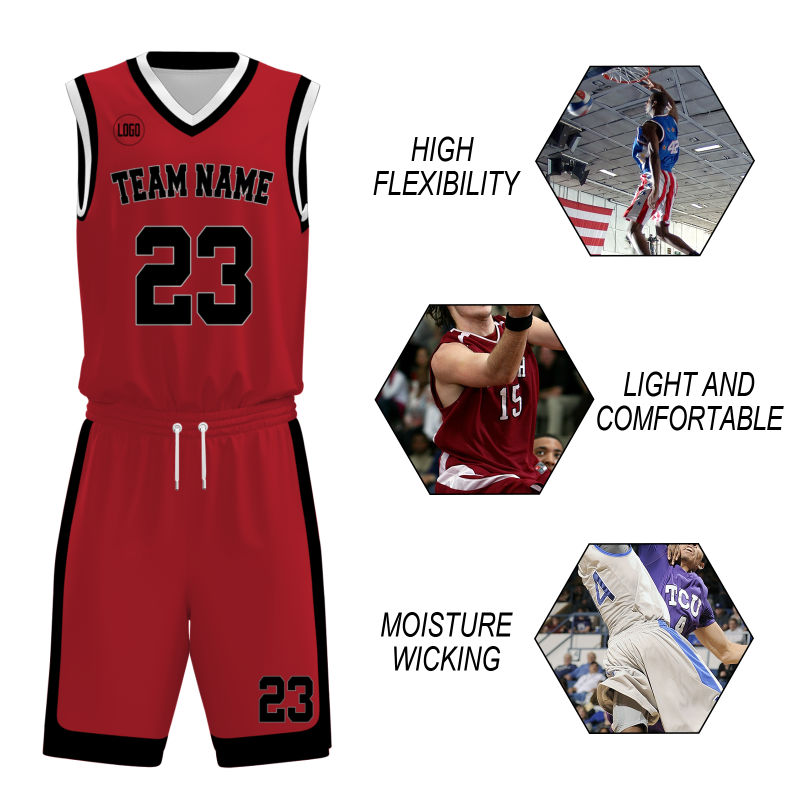 Custom Red Black-White V-Neck Authentic Team Basketball Set