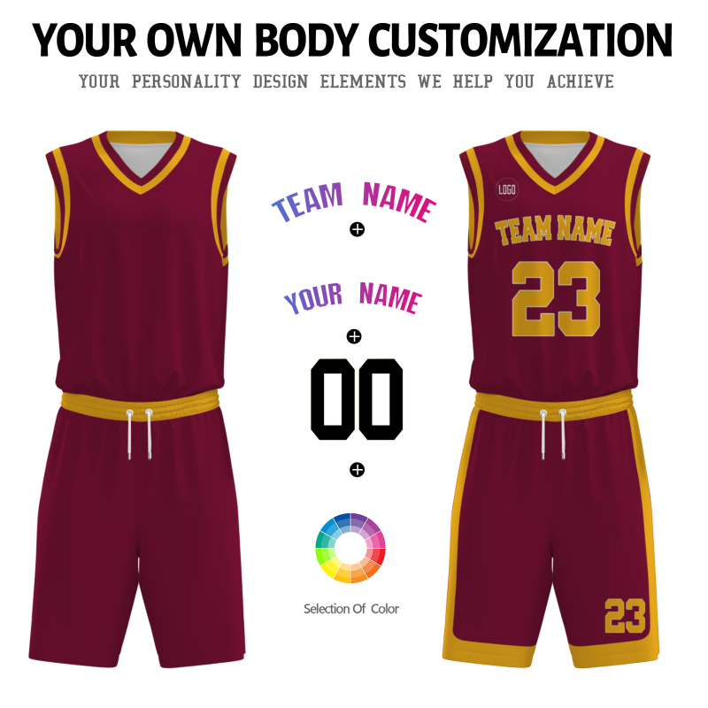 Custom Red Gold-White V-Neck Authentic Team Basketball Set